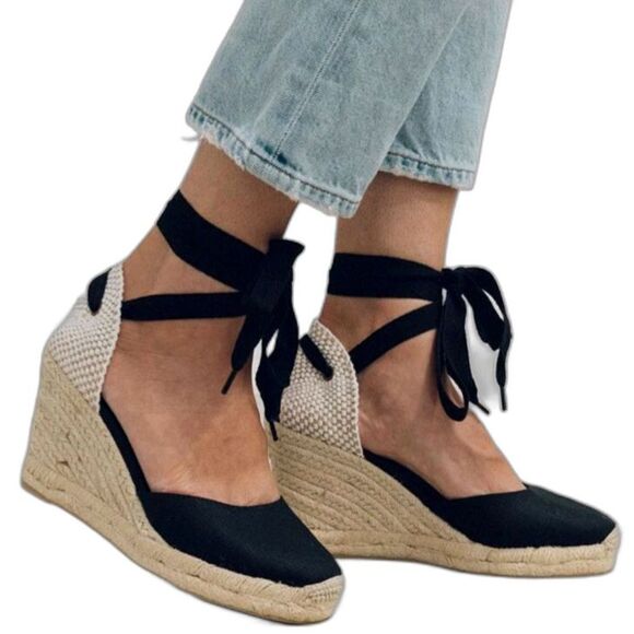 Soludos Shoes - Soludos Wedge Shoes Women’s Size 8 Color Black Tan Tie Up Ankles Sandals